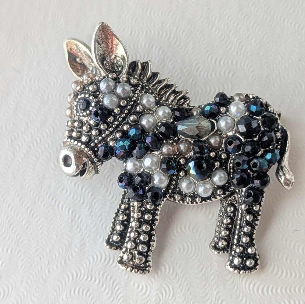 Silver , Rhinestone And‎ Crystal Donkey Brooch